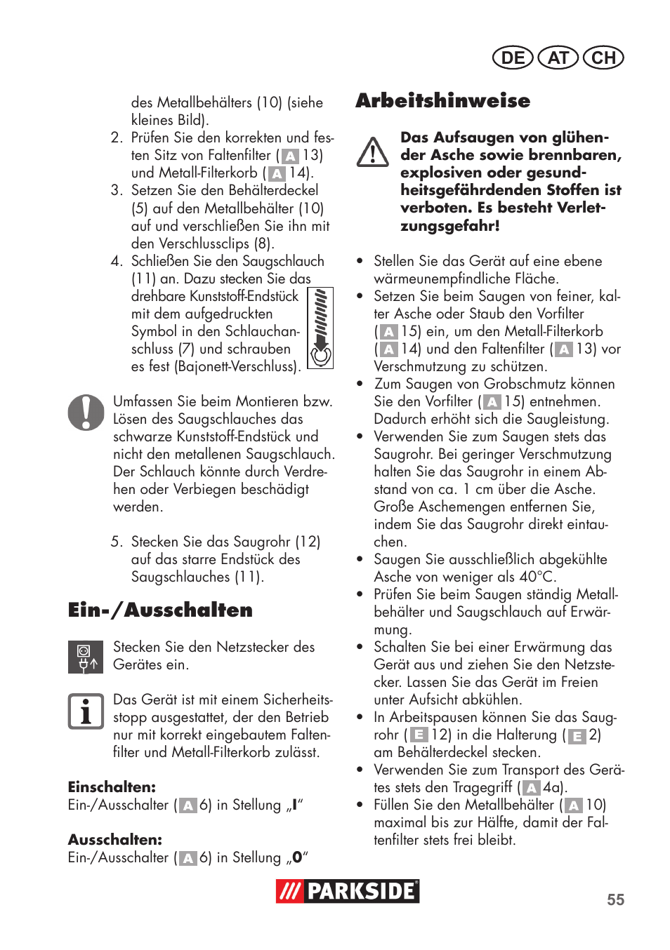 Ein-/ausschalten, Arbeitshinweise, De at ch | Parkside PAS 500 D3 User Manual | Page 55 / 66