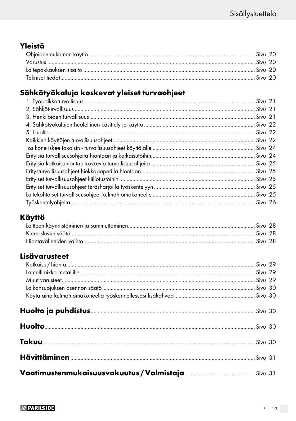 Sisällysluettelo, Declaration of conformity / manufacturer | Parkside PWS 125 A1 User Manual | Page 19 / 108