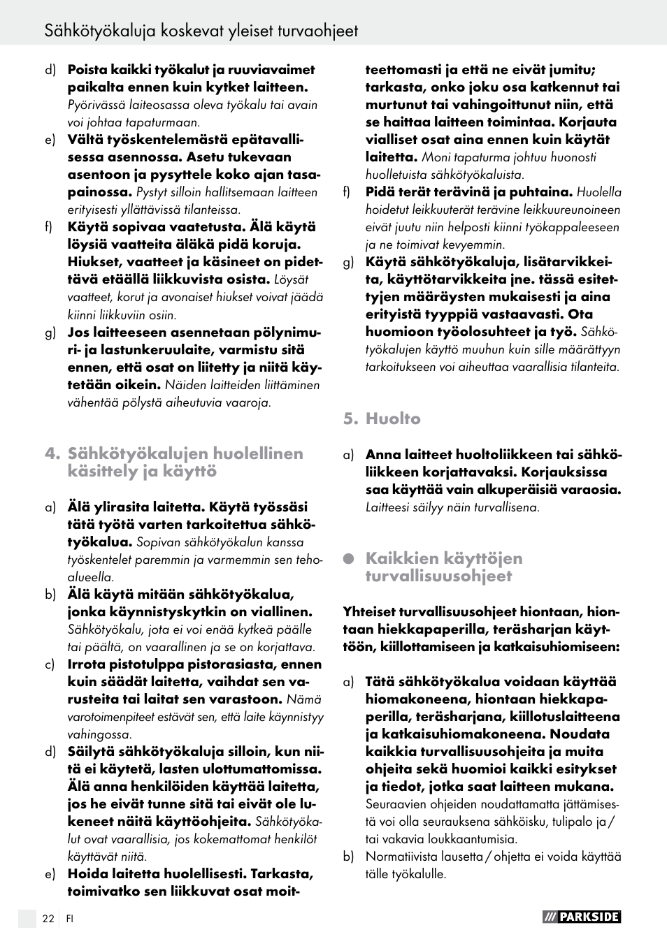 Sähkötyökaluja koskevat yleiset turvaohjeet | Parkside PWS 125 A1 User Manual | Page 22 / 108