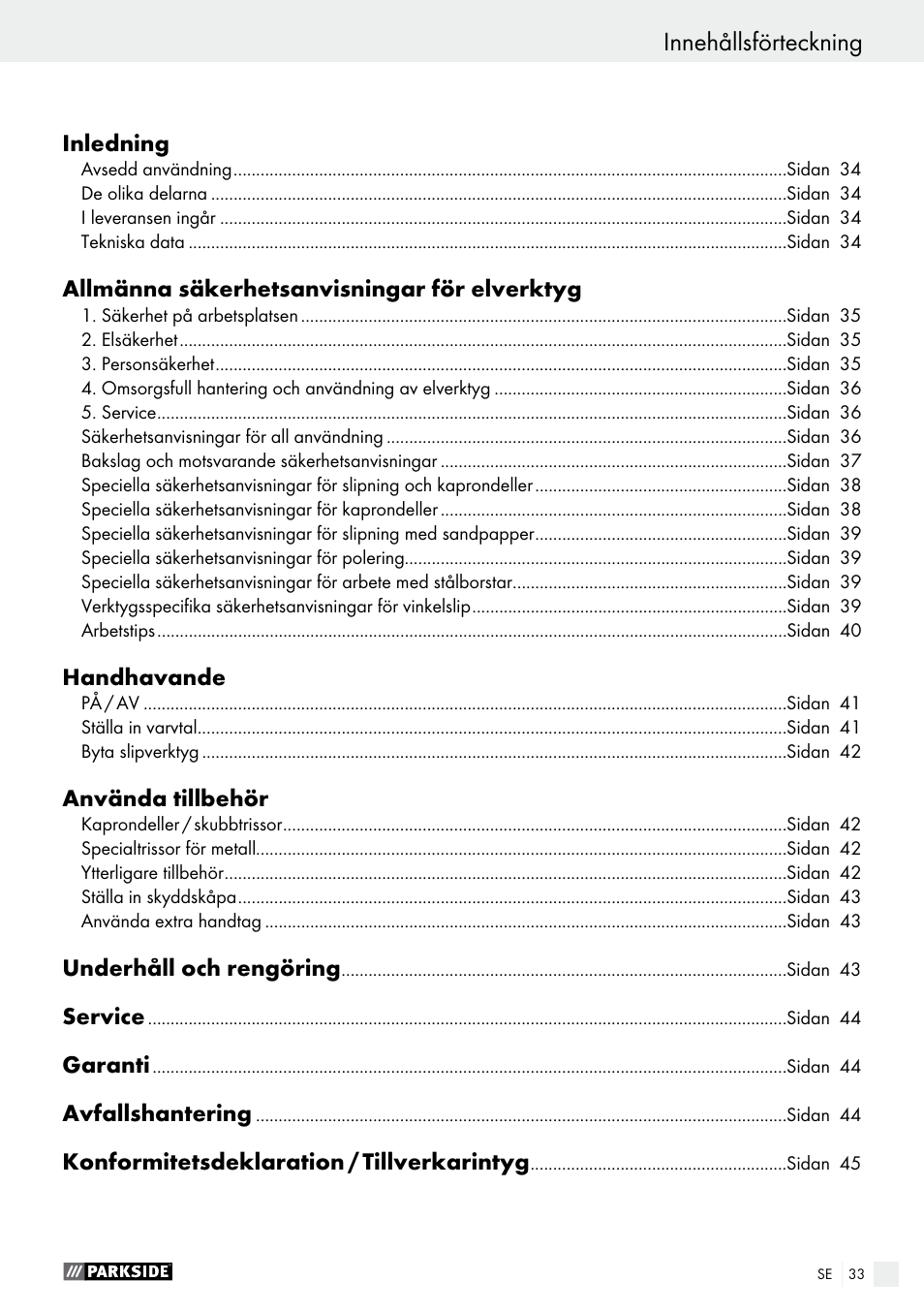 Innehållsförteckning | Parkside PWS 125 A1 User Manual | Page 33 / 108