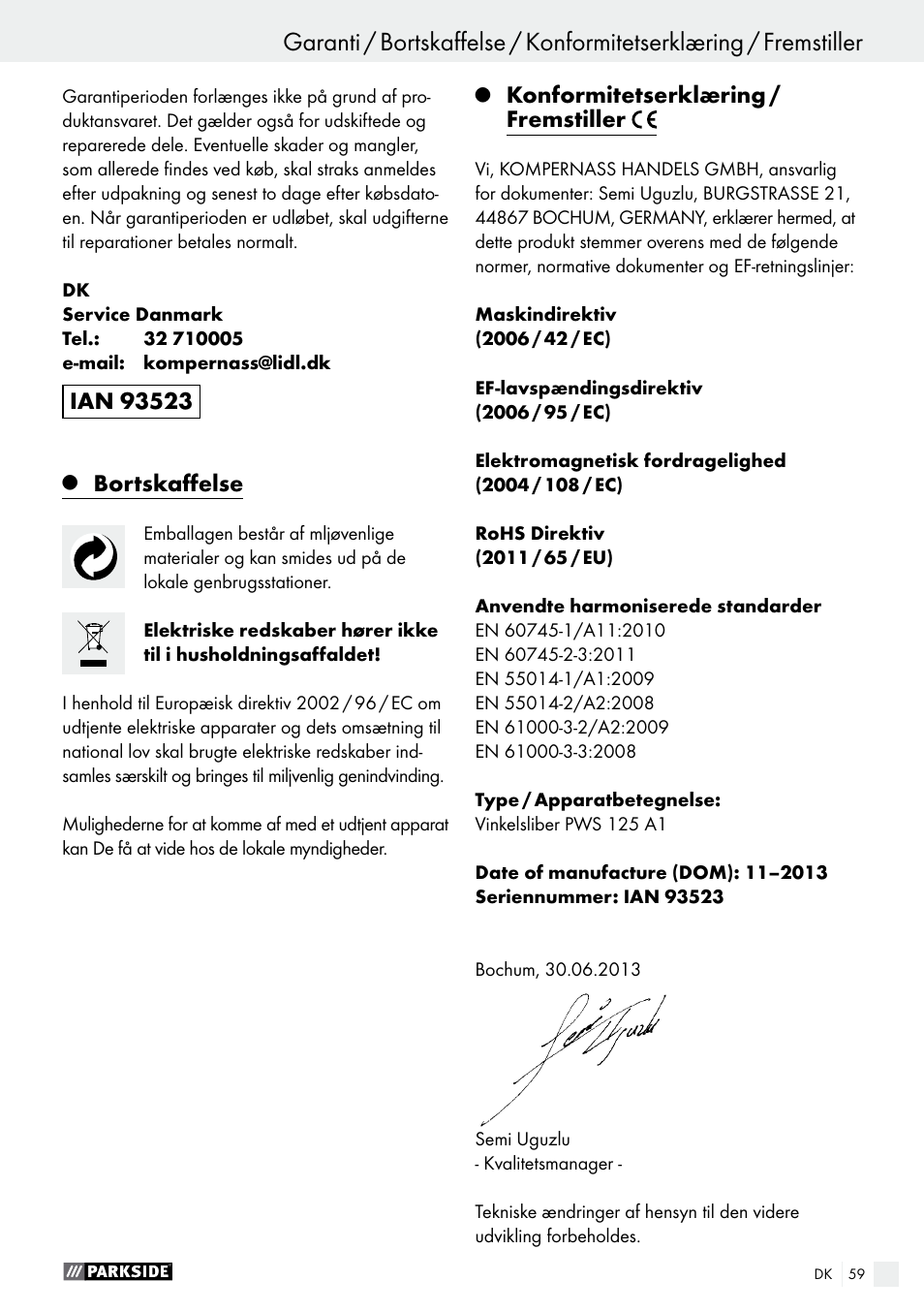Bortskaffelse, Konformitetserklæring / fremstiller | Parkside PWS 125 A1 User Manual | Page 59 / 108