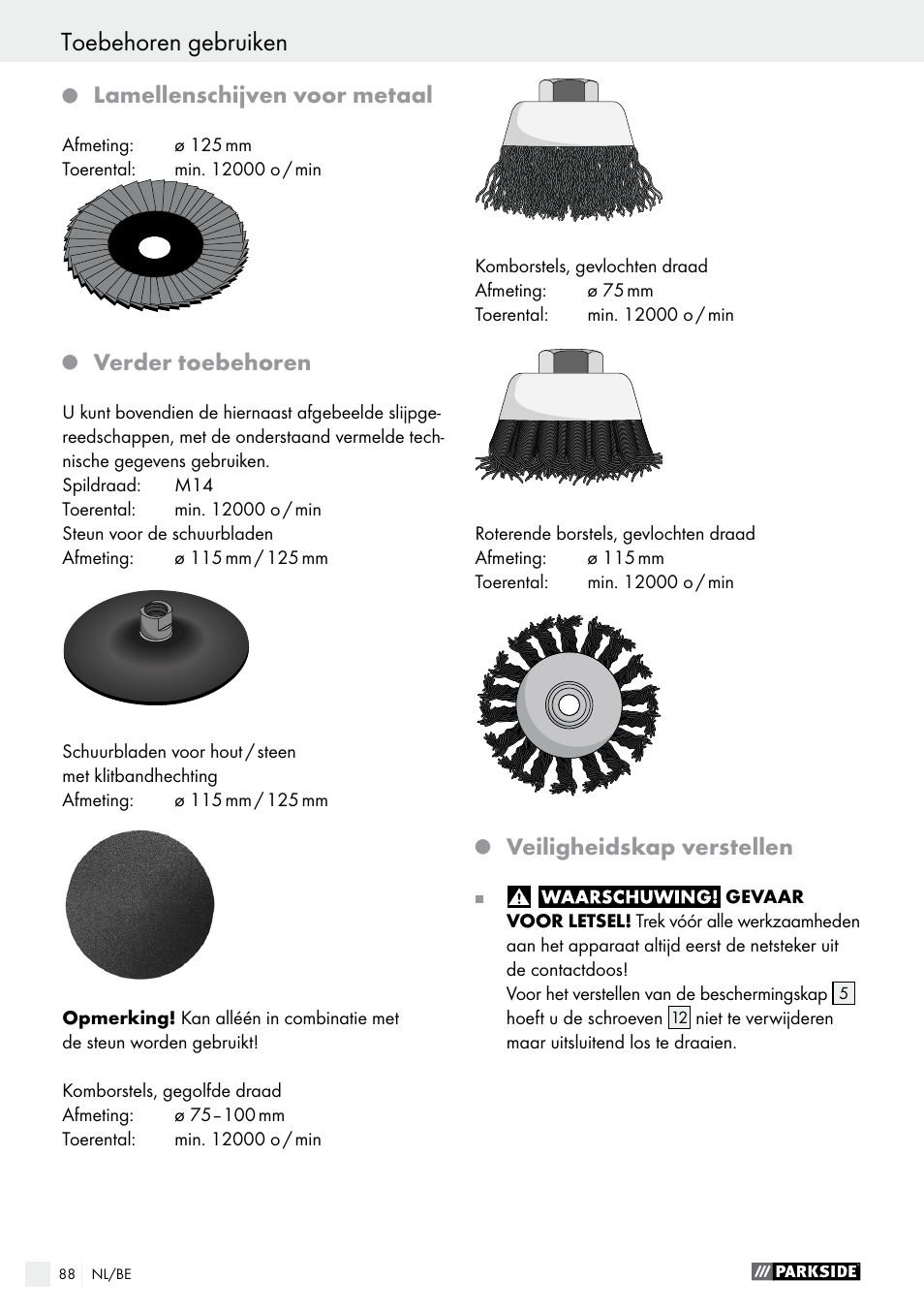 Lamellenschijven voor metaal, Verder toebehoren, Veiligheidskap verstellen | Parkside PWS 125 A1 User Manual | Page 88 / 108