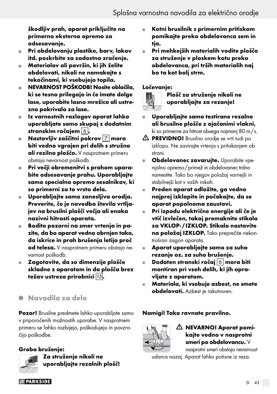 Splošna varnostna navodila za električno orodje, Navodila za delo | Parkside PWS 230 A1 User Manual | Page 43 / 91