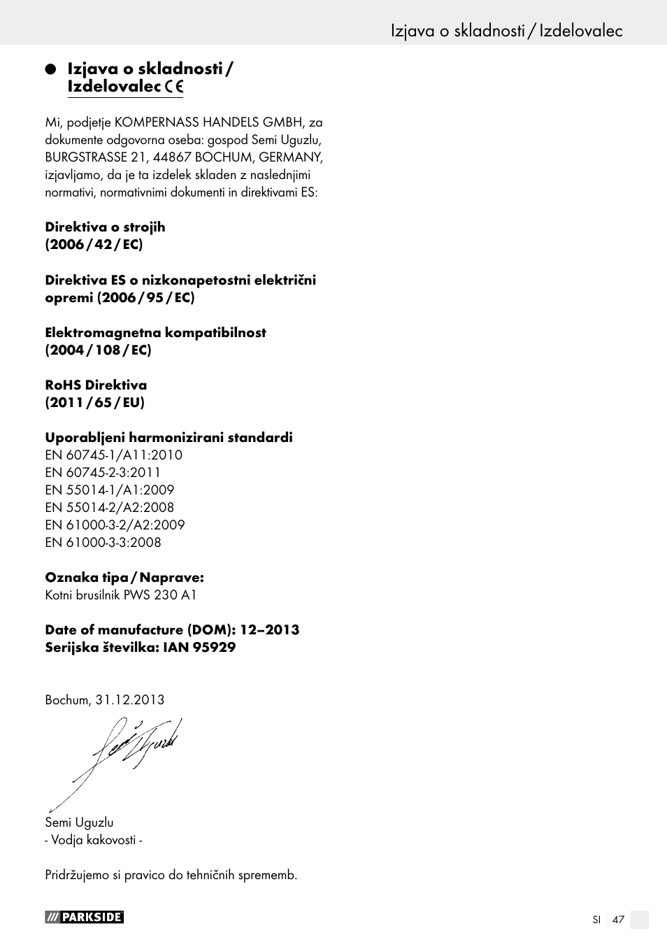 Parkside PWS 230 A1 User Manual | Page 47 / 91