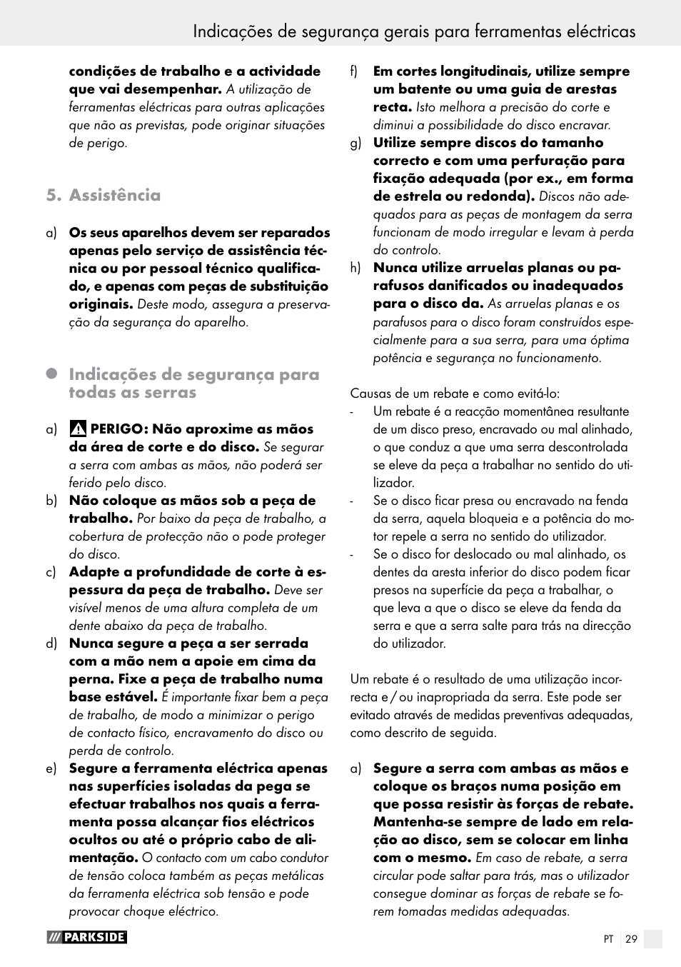 Assistência, Indicações de segurança para todas as serras | Parkside PTS 480 A1 User Manual | Page 29 / 55