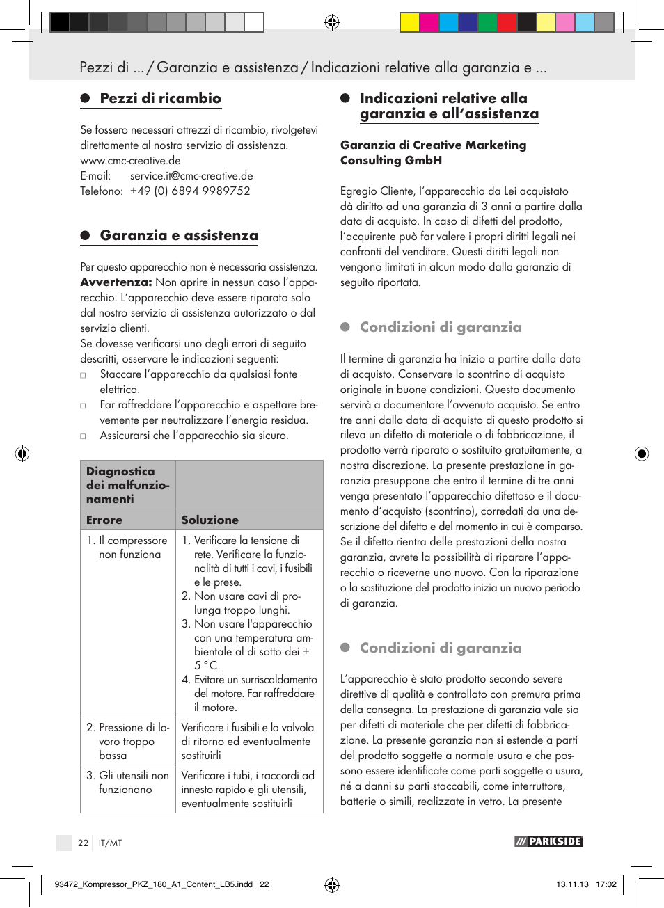 Pezzi di ricambio, Garanzia e assistenza, Condizioni di garanzia | Parkside PKZ 180 A1 User Manual | Page 22 / 55