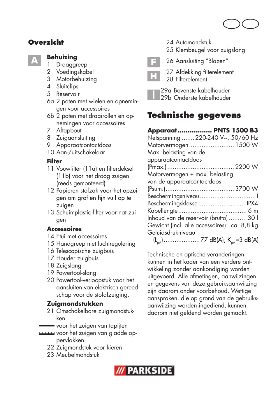 Technische gegevens, Be nl | Parkside PNTS 1500 B3 User Manual | Page 69 / 100