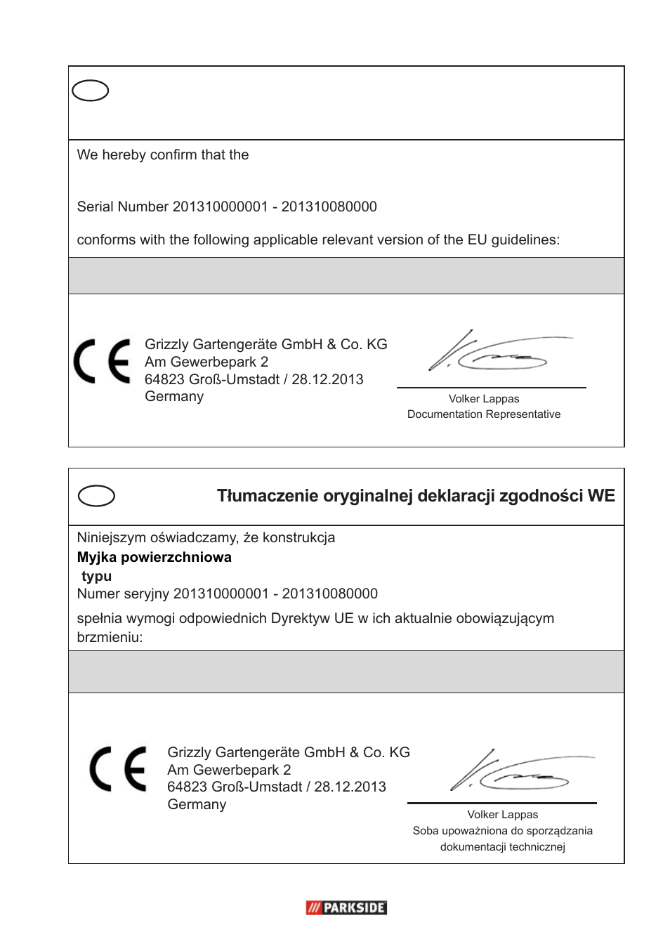 Tłumaczenie oryginalnej deklaracji zgodności we | Parkside PFR 30 A1 User Manual | Page 33 / 38