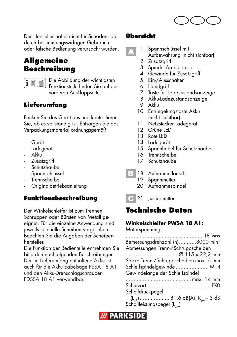 Allgemeine beschreibung, Technische daten, De at ch | Parkside PWSA 18 A1 User Manual | Page 5 / 102