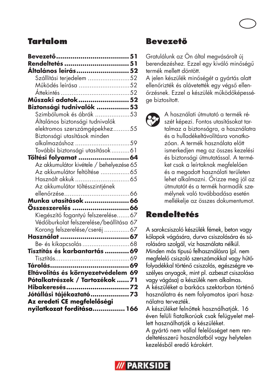 Tartalom, Bevezető, Rendeltetés | Parkside PWSA 18 A1 User Manual | Page 51 / 170