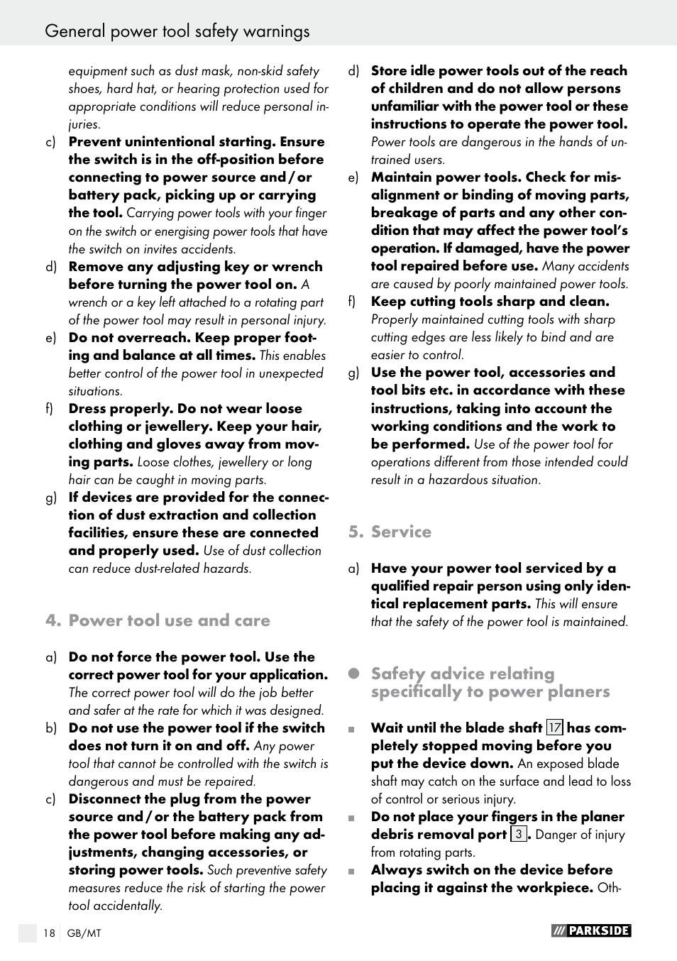 Power tool use and care, Service | Parkside PEH 30 A1 User Manual | Page 18 / 35