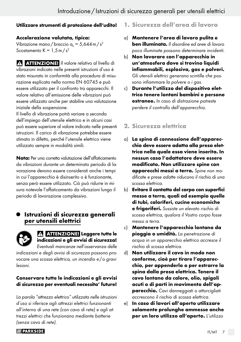 Introduzione, Sicurezza dell’area di lavoro, Sicurezza elettrica | Parkside PEH 30 A1 User Manual | Page 7 / 35