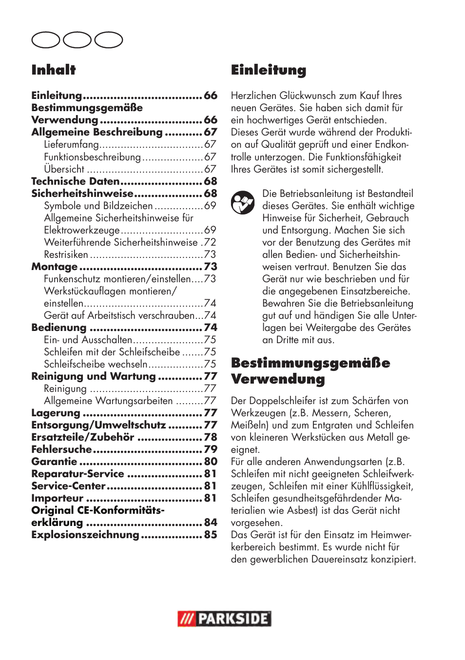 Inhalt, Einleitung, Bestimmungsgemäße verwendung | De at ch | Parkside PDOS 200 B2 User Manual | Page 66 / 88