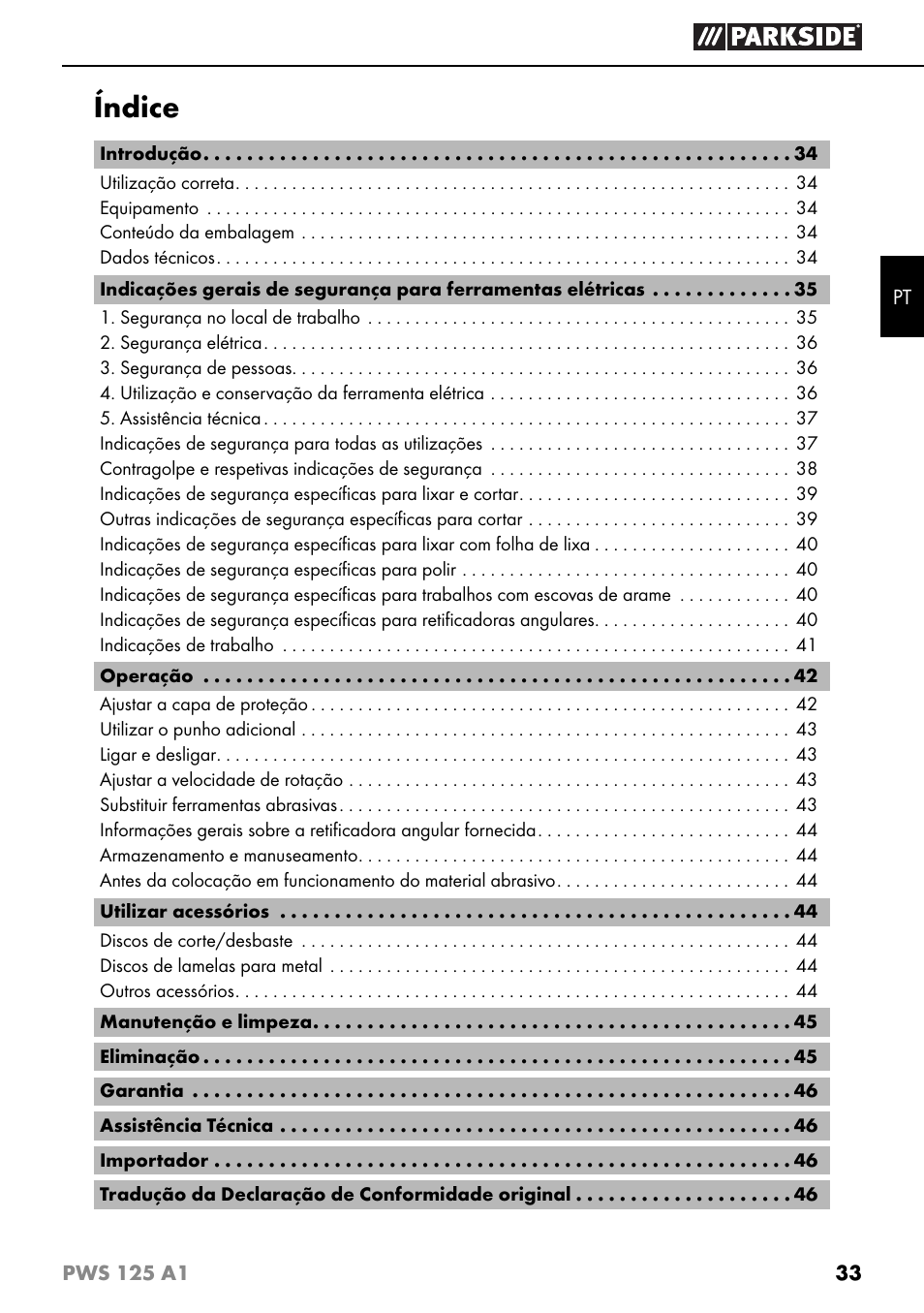 Índice | Parkside PWS 125 A1 User Manual | Page 36 / 79