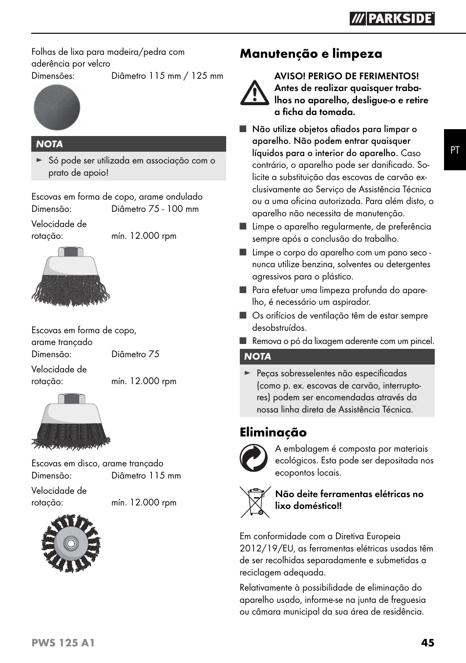 Manutenção e limpeza, Eliminação | Parkside PWS 125 A1 User Manual | Page 48 / 79