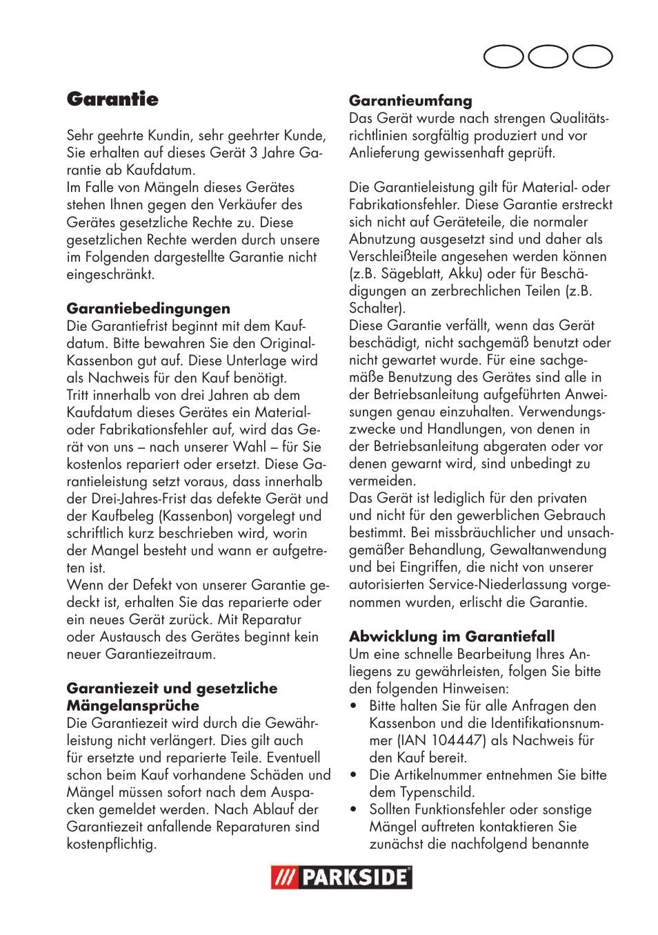 Garantie, De at ch | Parkside PSSA 18 A1 User Manual | Page 57 / 64