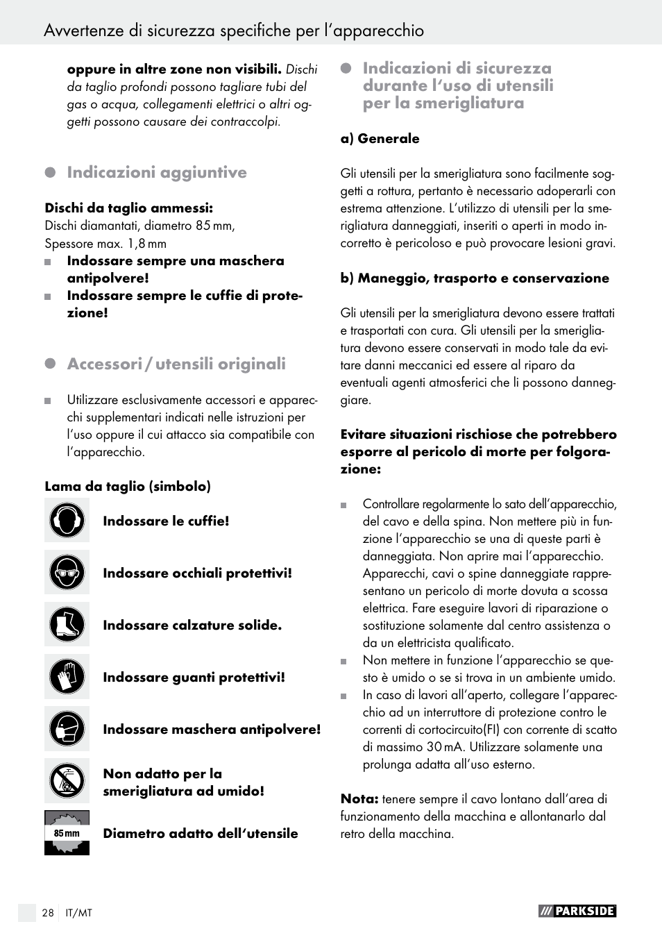 Avvio, Indicazioni aggiuntive, Accessori / utensili originali | Parkside PTS 500 A1 User Manual | Page 28 / 72