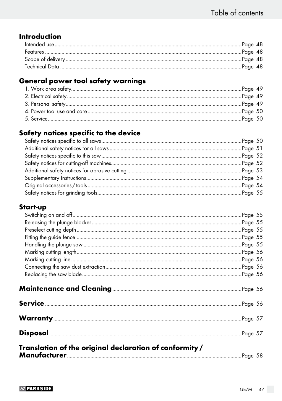 Parkside PTS 500 A1 User Manual | Page 47 / 72