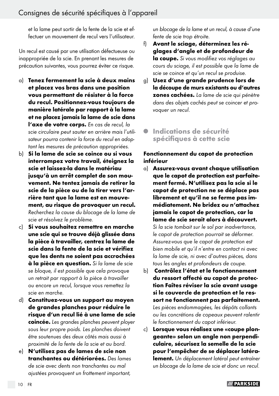 Consignes de sécurité spécifiques à l‘appareil, Indications de sécurité spécifiques à cette scie | Parkside PTS 500 A1 User Manual | Page 10 / 45