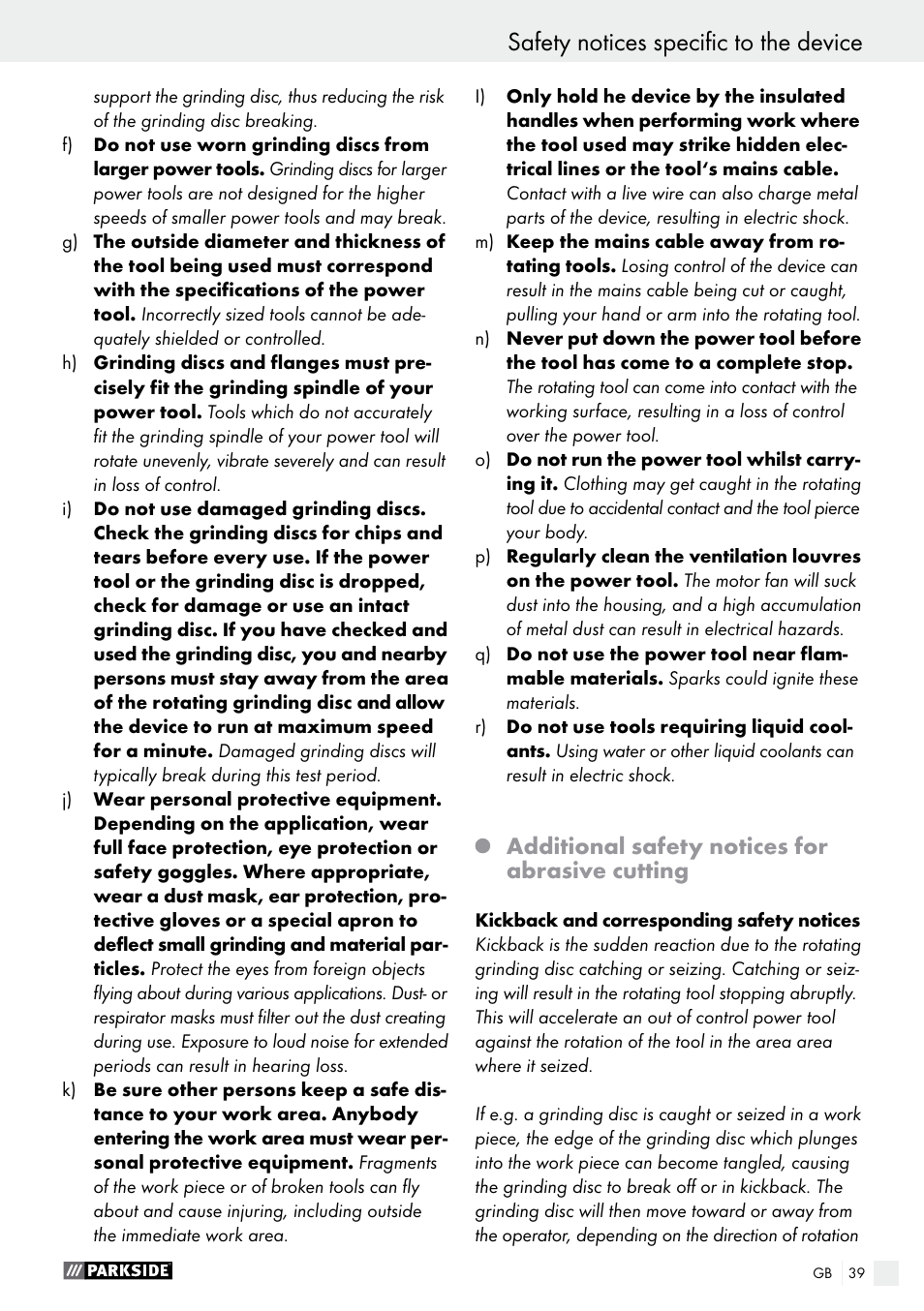 Safety notices specific to the device, Additional safety notices for abrasive cutting | Parkside PTS 500 A1 User Manual | Page 39 / 45