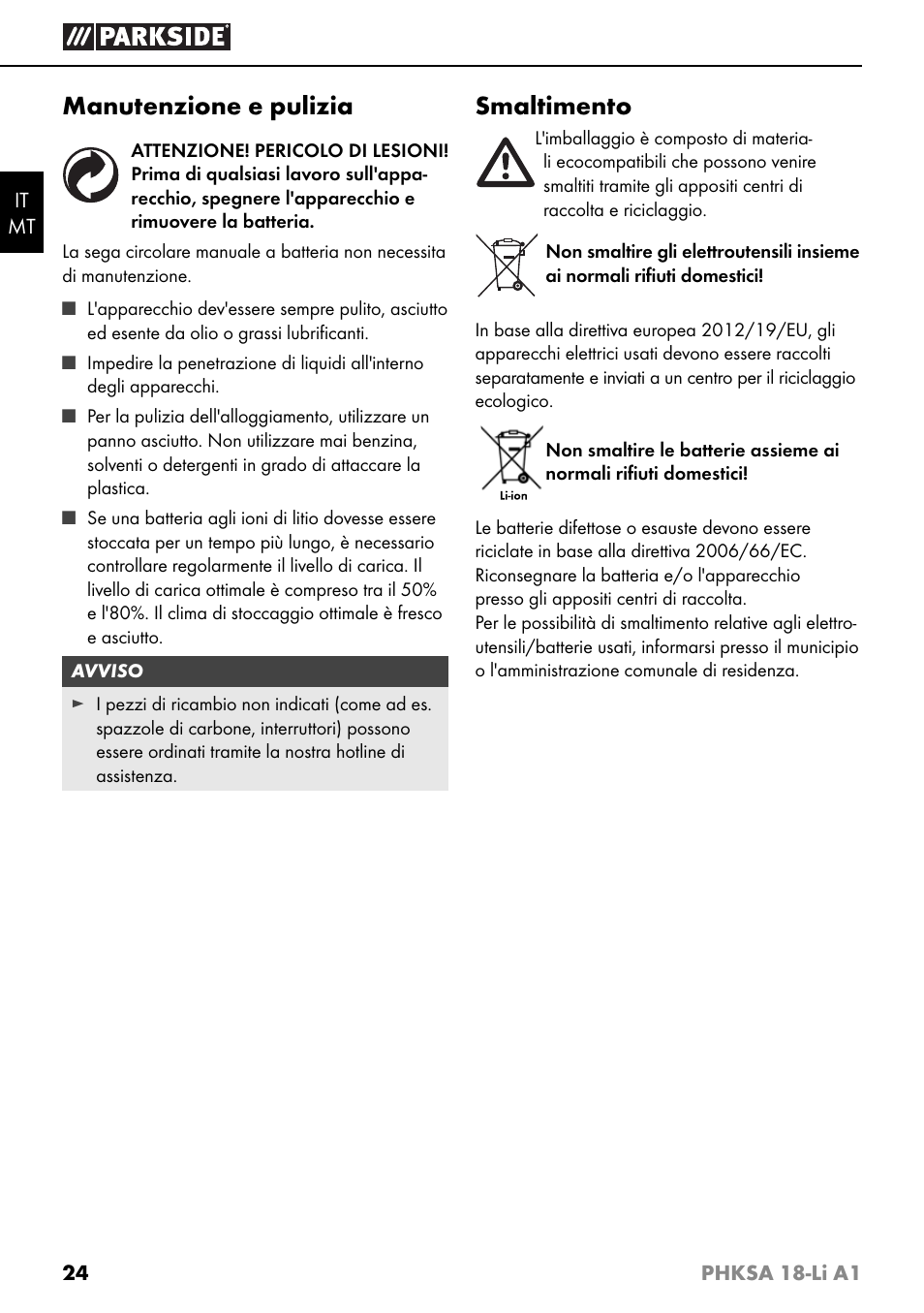 Manutenzione e pulizia, Smaltimento | Parkside PHKSA 18-Li A1 User Manual | Page 27 / 72