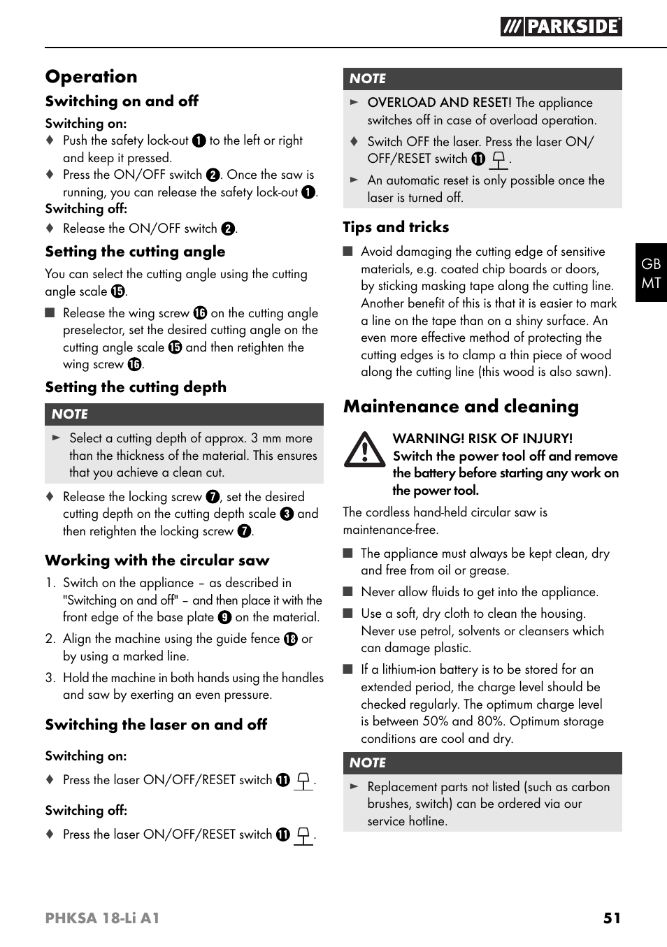 Operation, Maintenance and cleaning | Parkside PHKSA 18-Li A1 User Manual | Page 54 / 72