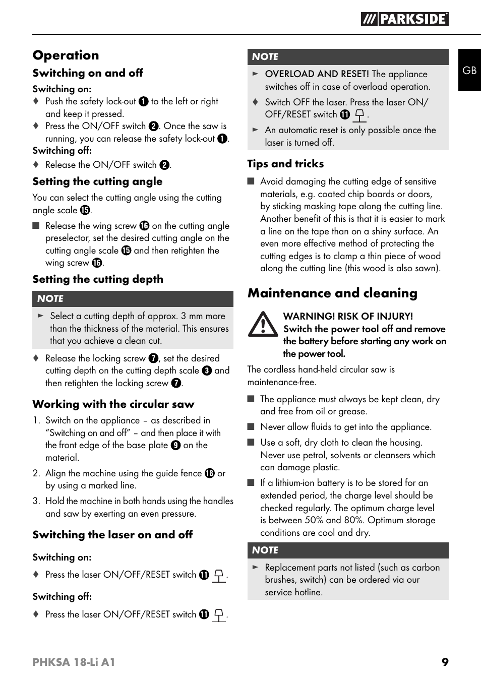 Operation, Maintenance and cleaning | Parkside PHKSA 18-Li A1 User Manual | Page 12 / 94