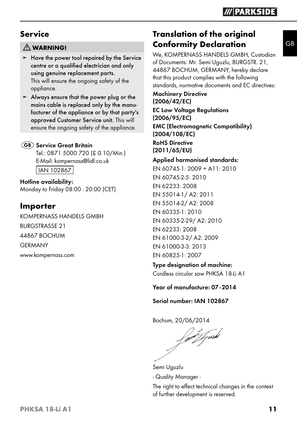 Service, Importer, Translation of the original conformity declaration | Parkside PHKSA 18-Li A1 User Manual | Page 14 / 94