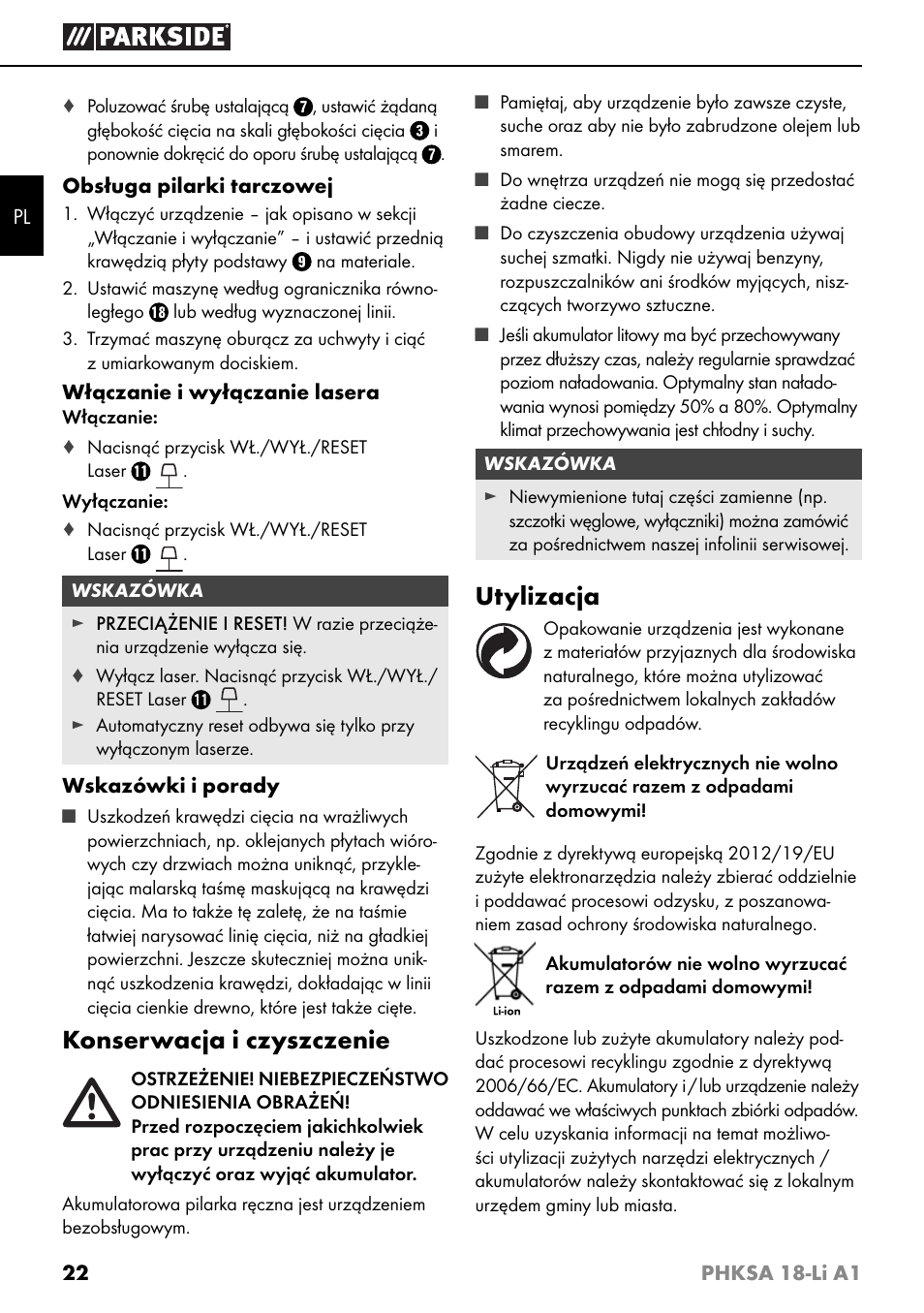 Konserwacja i czyszczenie, Utylizacja | Parkside PHKSA 18-Li A1 User Manual | Page 25 / 94