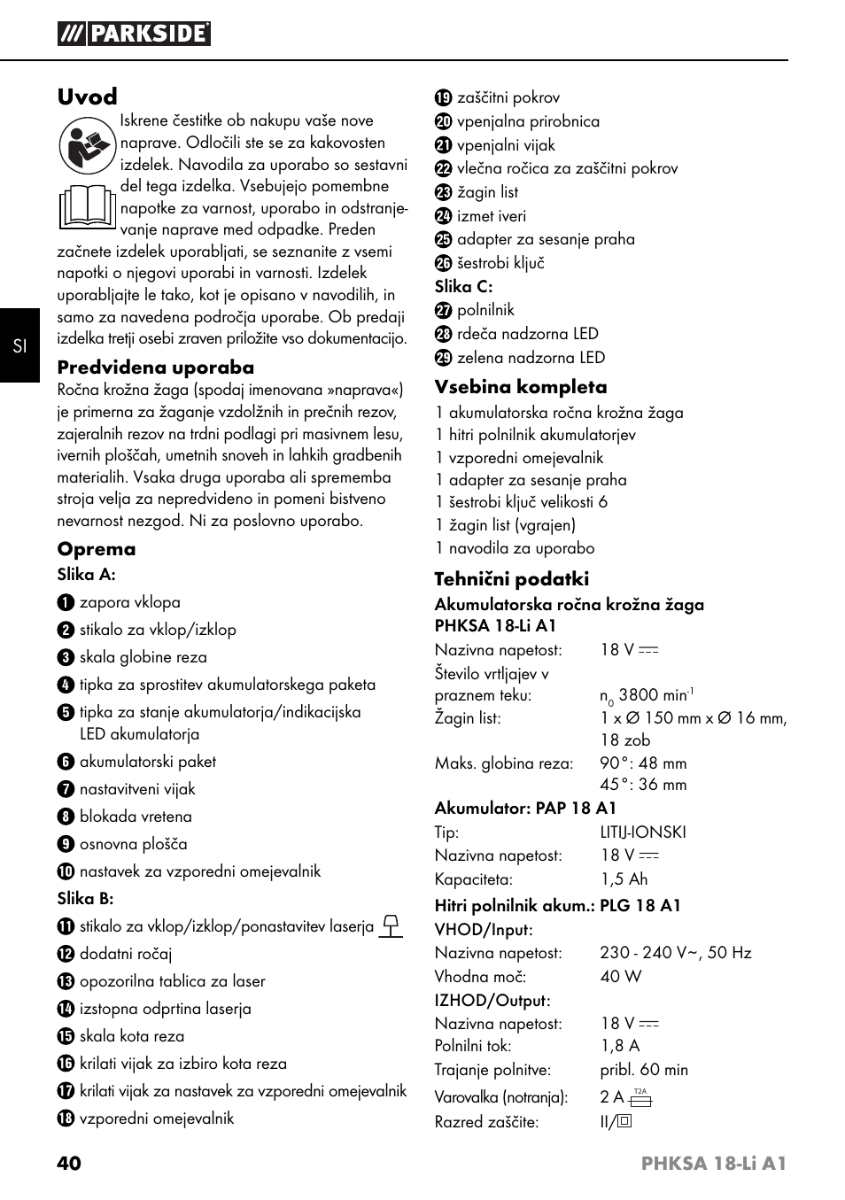 Uvod | Parkside PHKSA 18-Li A1 User Manual | Page 43 / 94