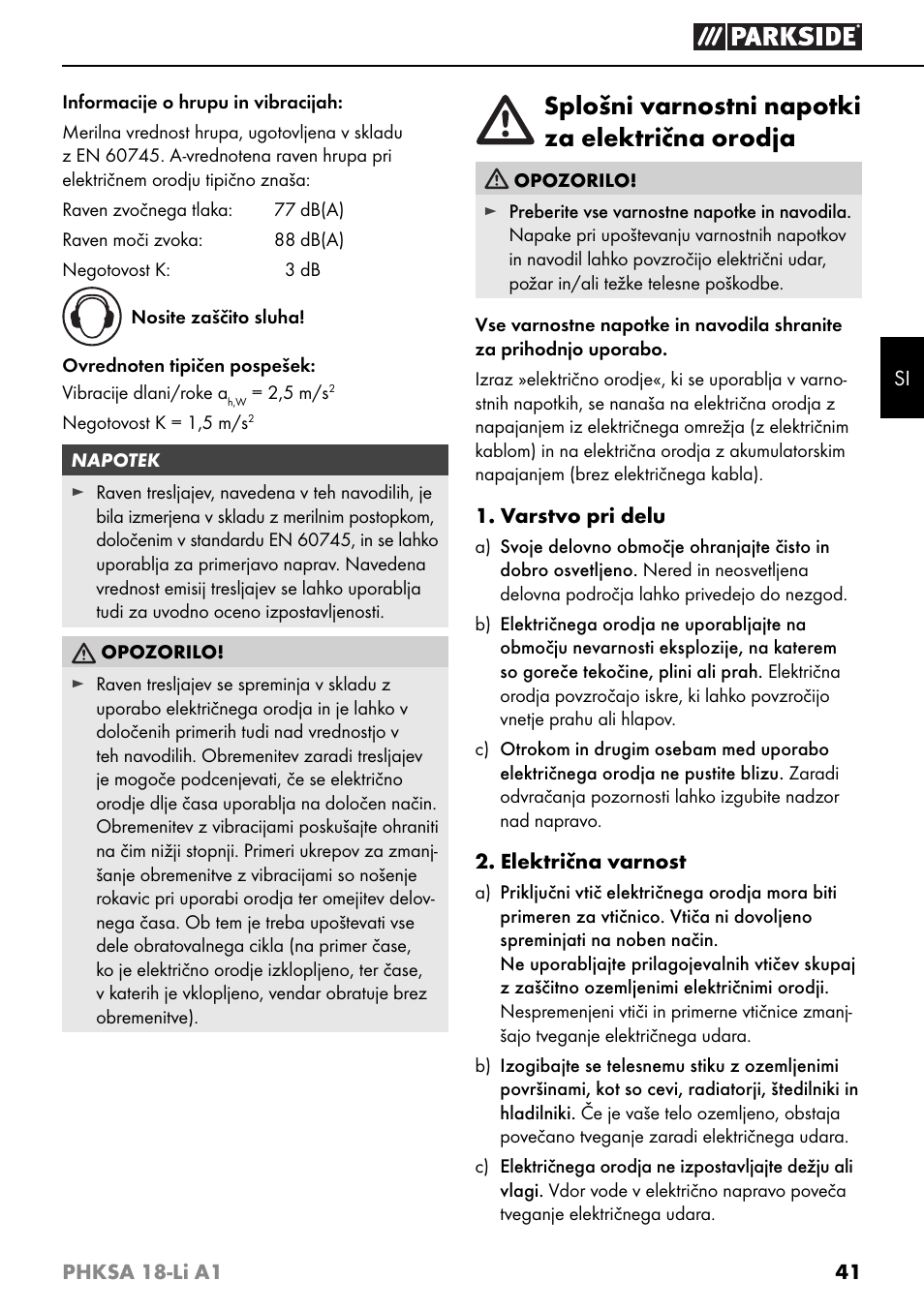 Splošni varnostni napotki za električna orodja | Parkside PHKSA 18-Li A1 User Manual | Page 44 / 94