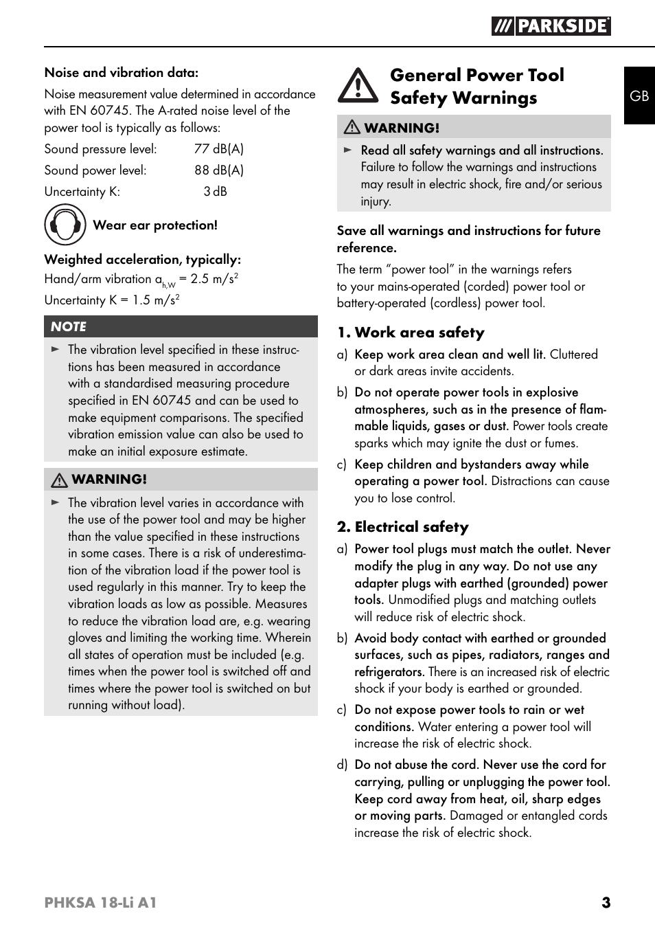 General power tool safety warnings | Parkside PHKSA 18-Li A1 User Manual | Page 6 / 94