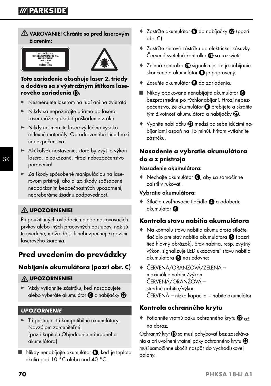 Pred uvedením do prevádzky | Parkside PHKSA 18-Li A1 User Manual | Page 73 / 94