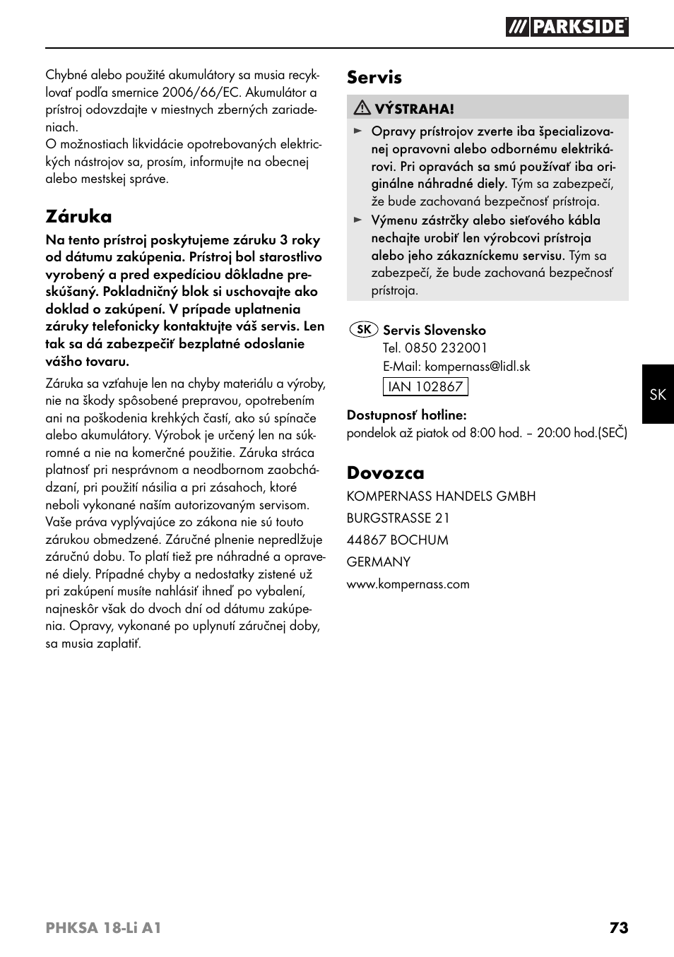 Záruka, Servis, Dovozca | Parkside PHKSA 18-Li A1 User Manual | Page 76 / 94