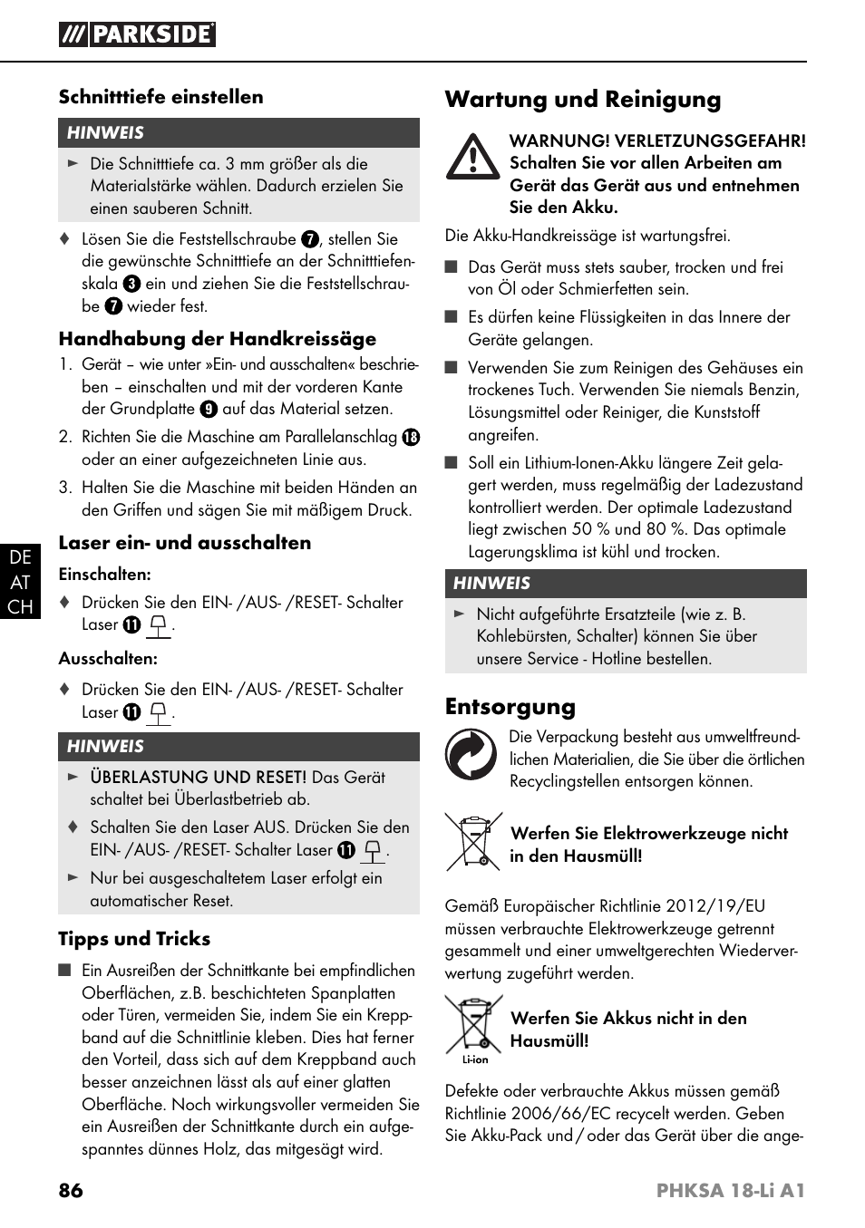 Wartung und reinigung, Entsorgung | Parkside PHKSA 18-Li A1 User Manual | Page 89 / 94