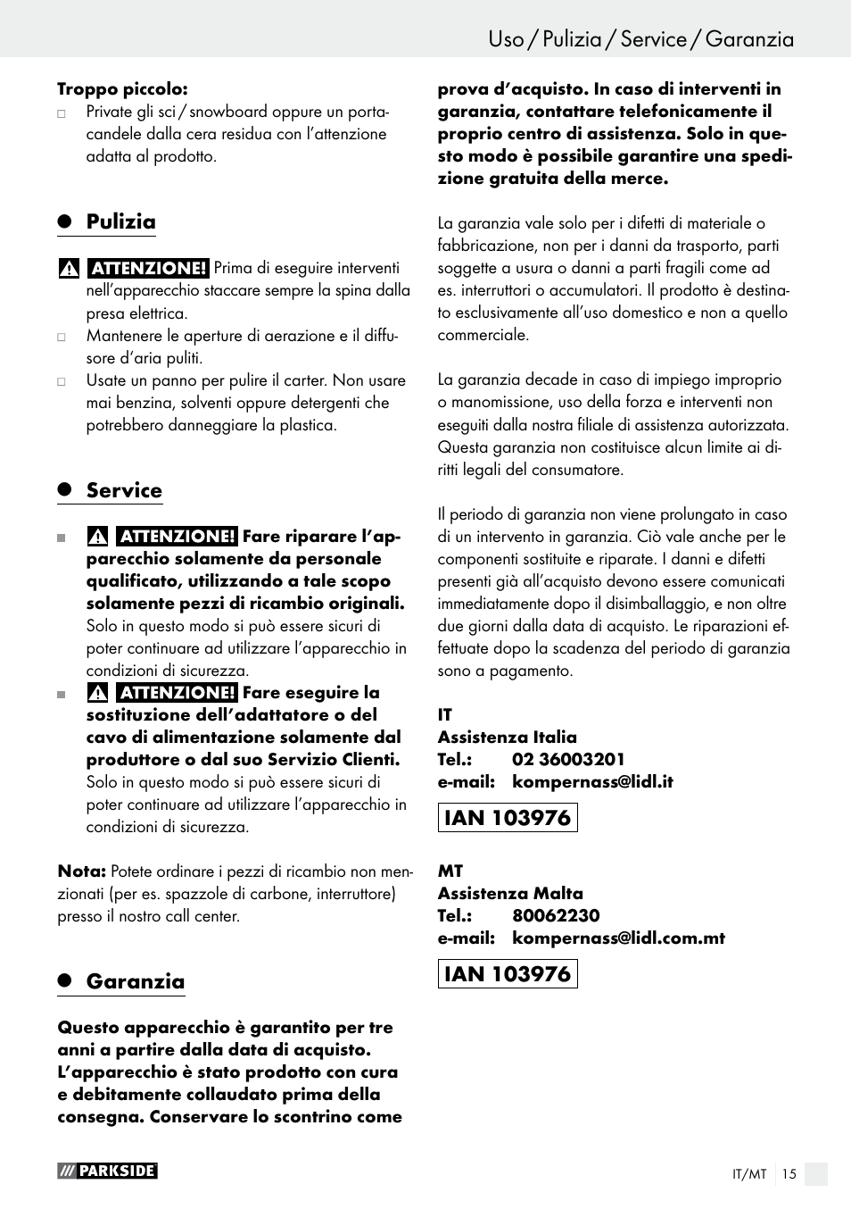 Uso / pulizia / service / garanzia uso, Pulizia, Service | Garanzia | Parkside PHLG 2000 C2 User Manual | Page 15 / 35