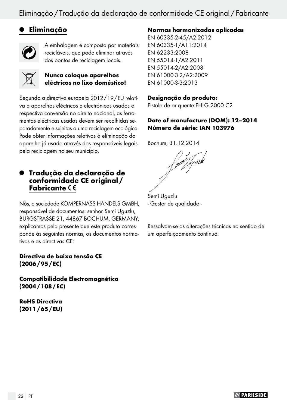 Parkside PHLG 2000 C2 User Manual | Page 22 / 35