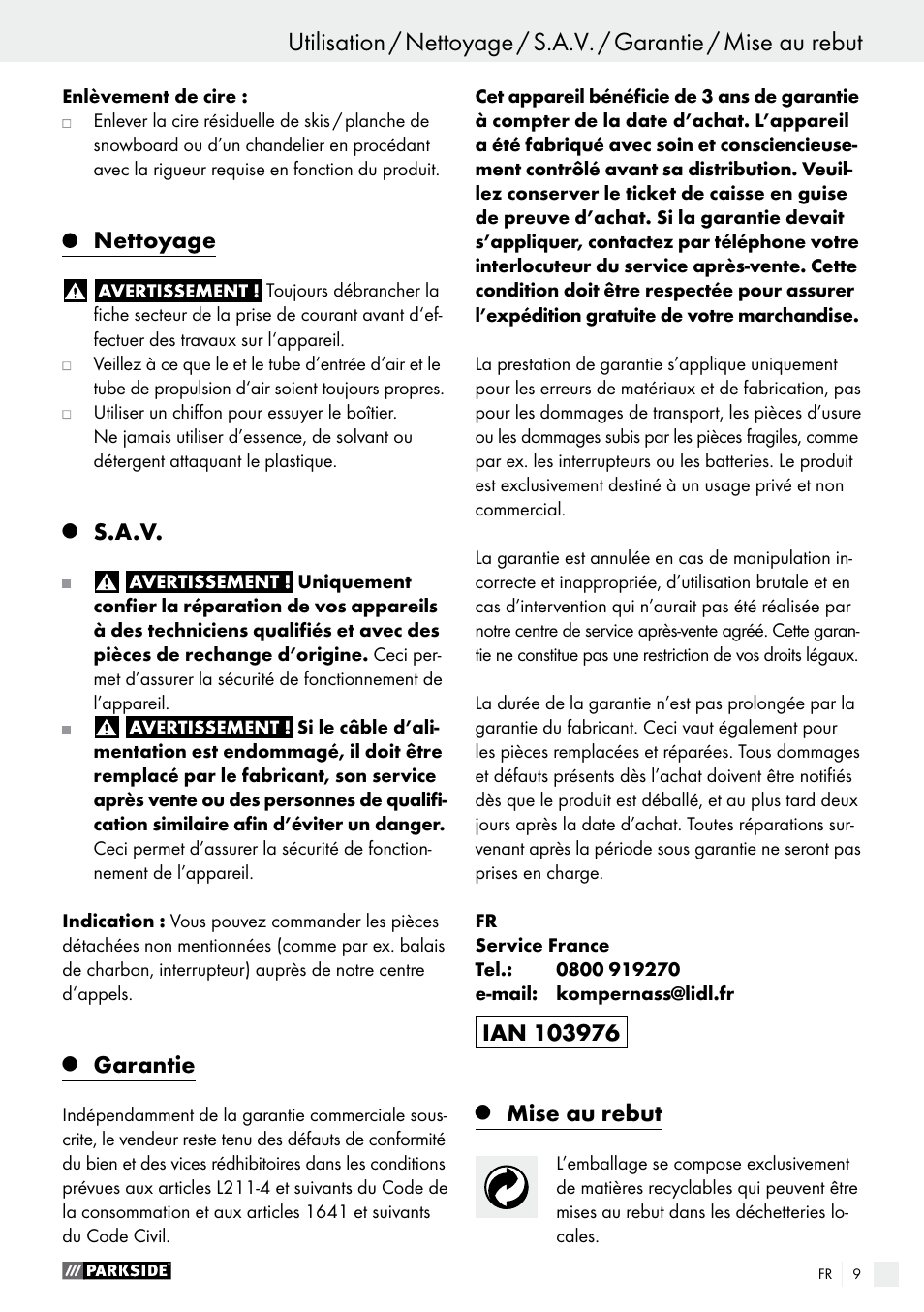 Nettoyage, S.a.v, Garantie | Mise au rebut | Parkside PHLG 2000 C2 User Manual | Page 9 / 23