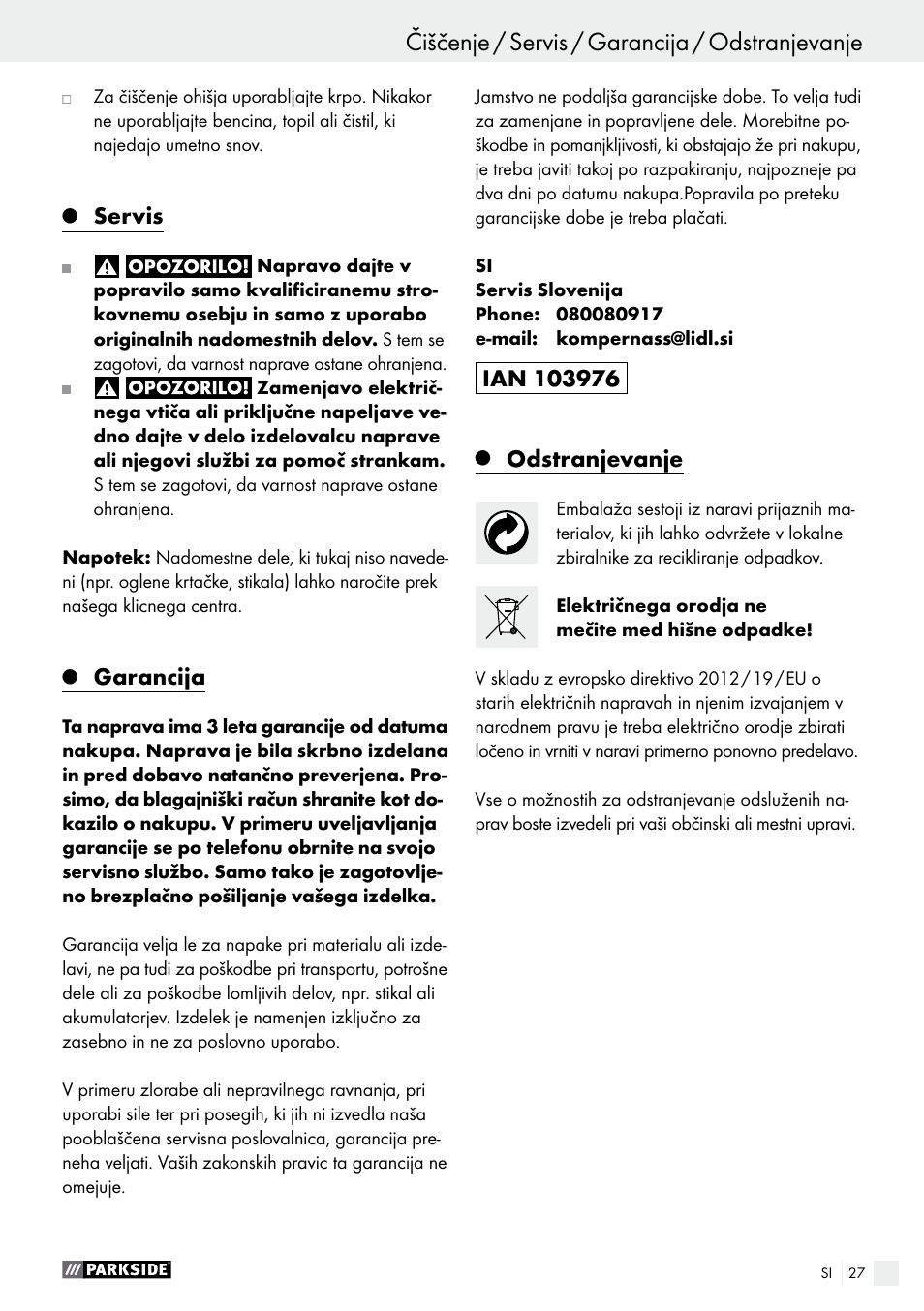 Servis, Garancija, Odstranjevanje | Parkside PHLG 2000 C2 User Manual | Page 27 / 49