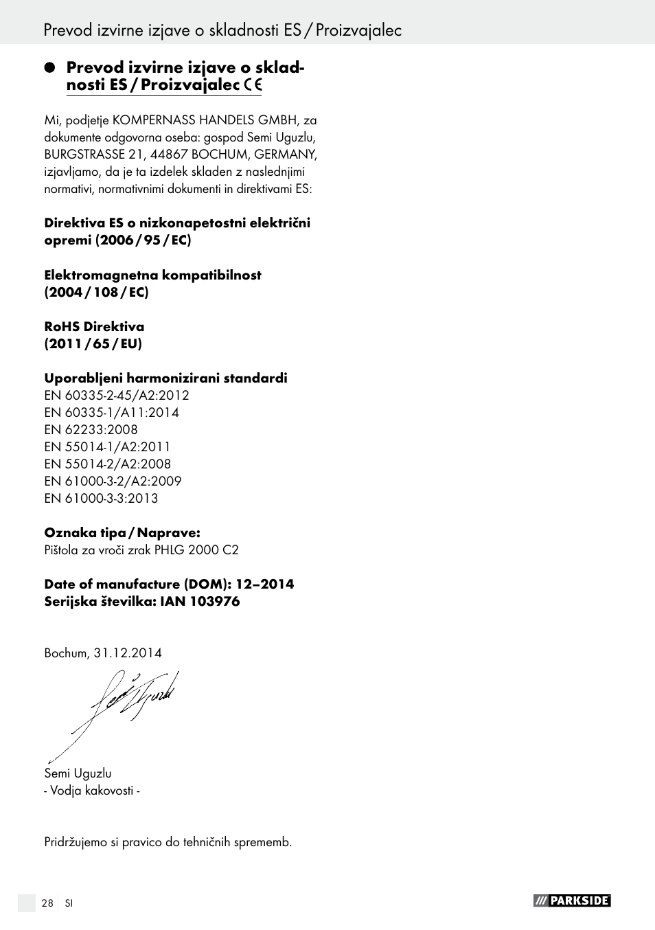 Garancijski list | Parkside PHLG 2000 C2 User Manual | Page 28 / 49