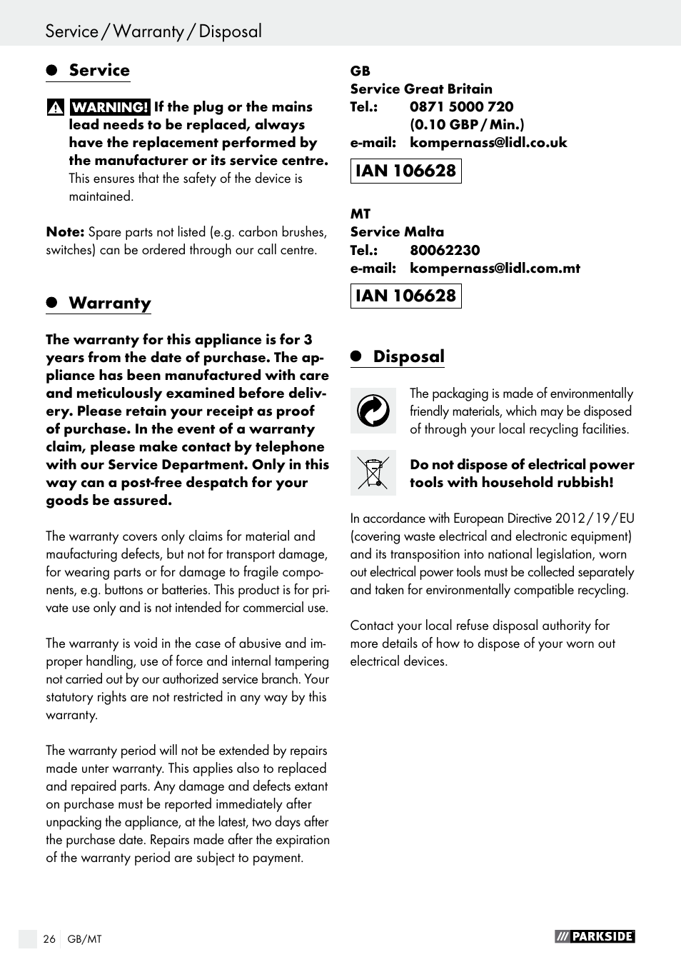 Service / warranty / disposal, Service, Warranty | Disposal | Parkside PFMR 1400 B1 User Manual | Page 26 / 37