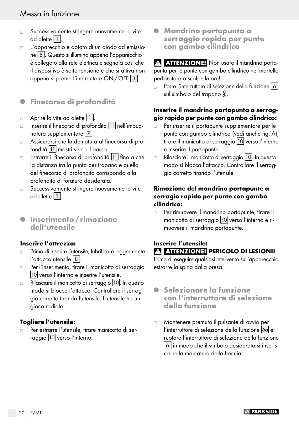 Finecorsa di profondità, Inserimento / rimozione dell‘utensile | Parkside PBH 1050 A1 User Manual | Page 20 / 52