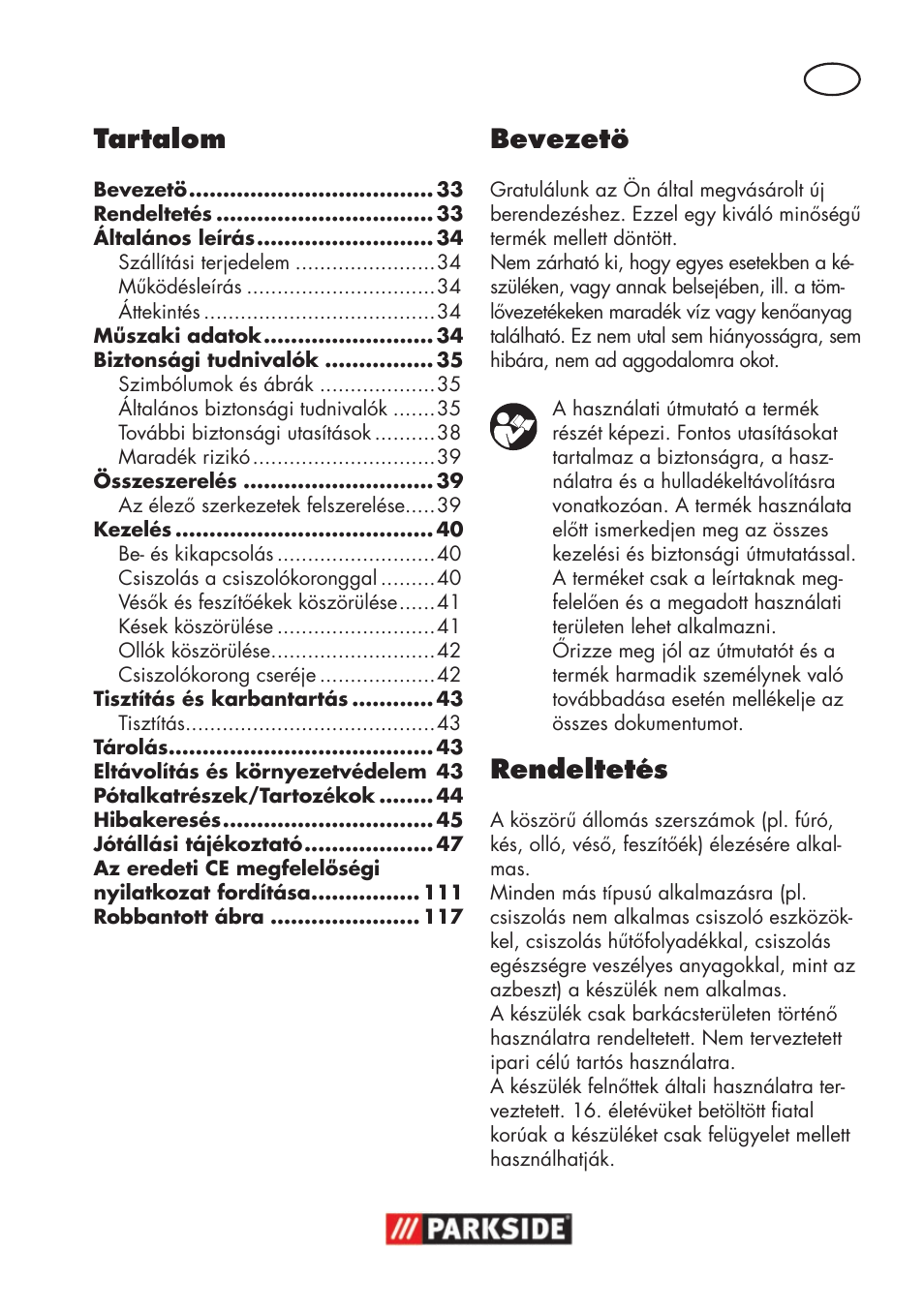 Tartalom, Bevezetö, Rendeltetés | Parkside PSS 65 A1 User Manual | Page 33 / 120
