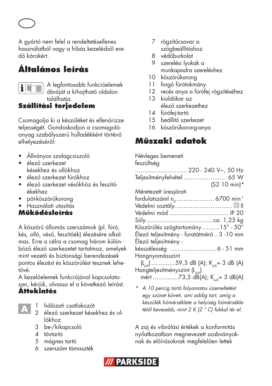 Általános leírás, Műszaki adatok | Parkside PSS 65 A1 User Manual | Page 34 / 120
