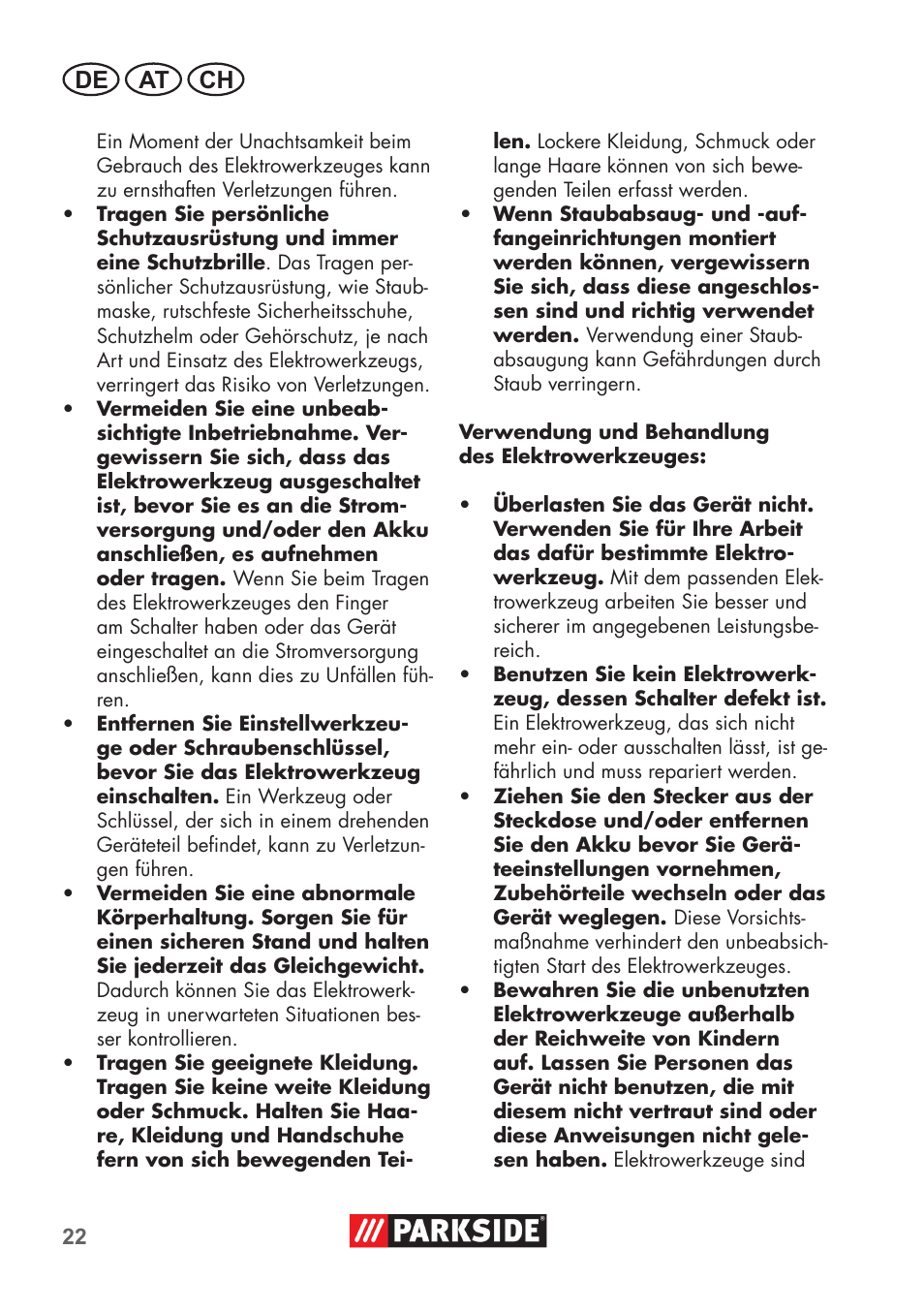 De at ch | Parkside PSBM 500 B3 User Manual | Page 22 / 48