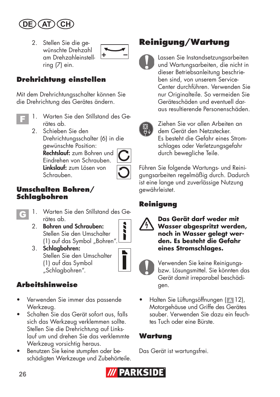 Reinigung/wartung, De at ch | Parkside PSBM 500 B3 User Manual | Page 26 / 48