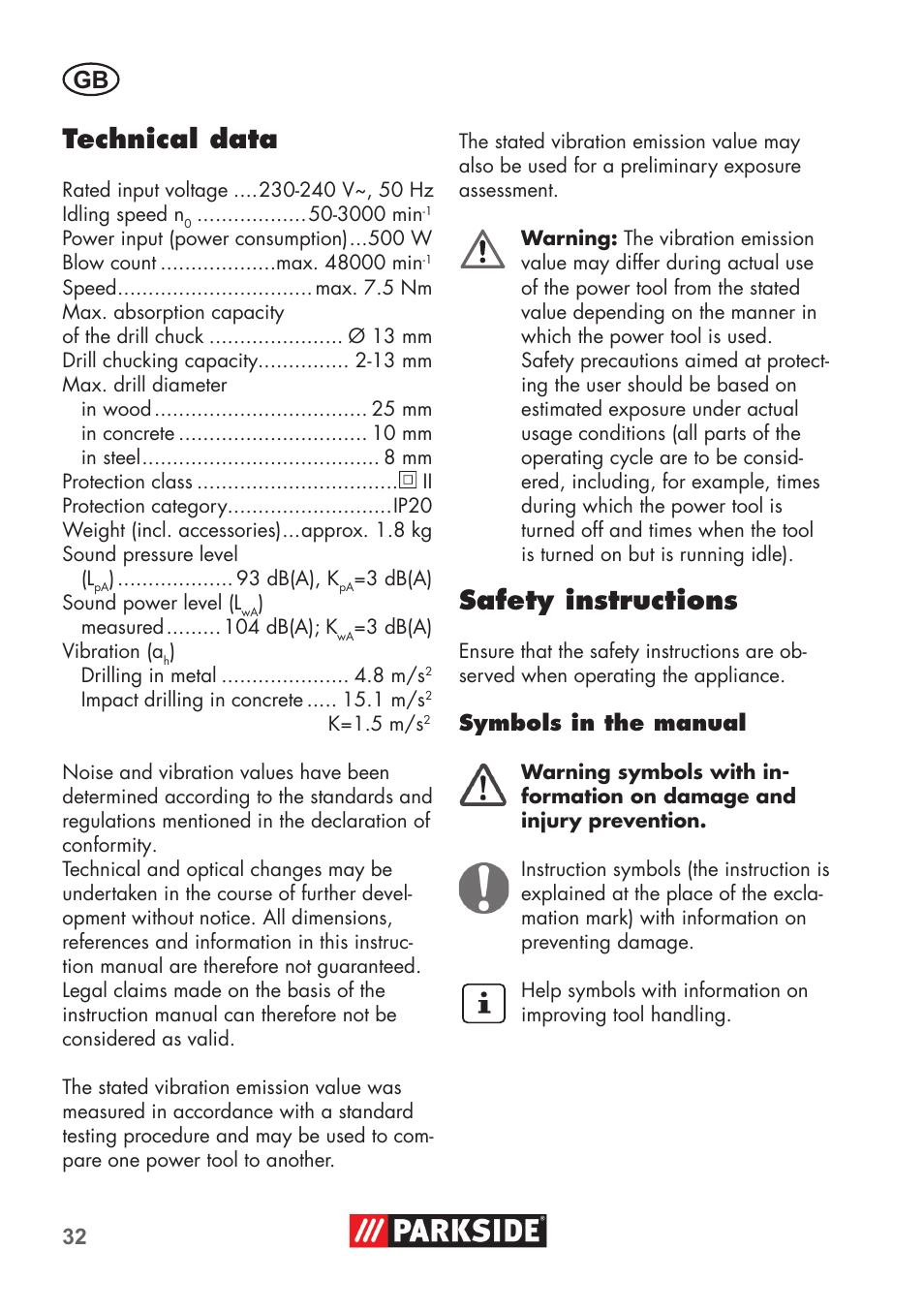 Technical data, Safety instructions | Parkside PSBM 500 B3 User Manual | Page 32 / 48