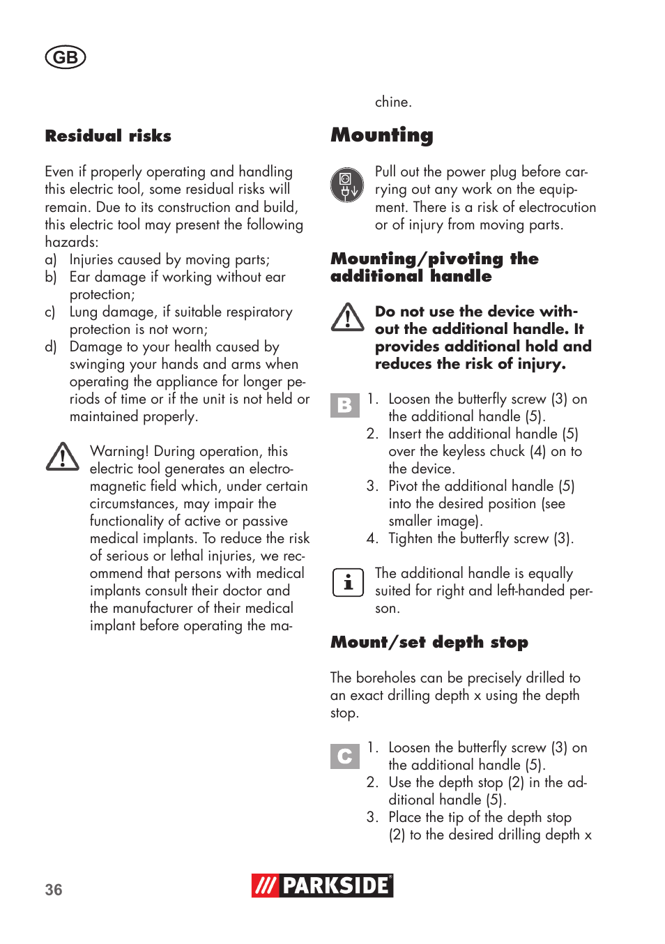Mounting | Parkside PSBM 500 B3 User Manual | Page 36 / 48