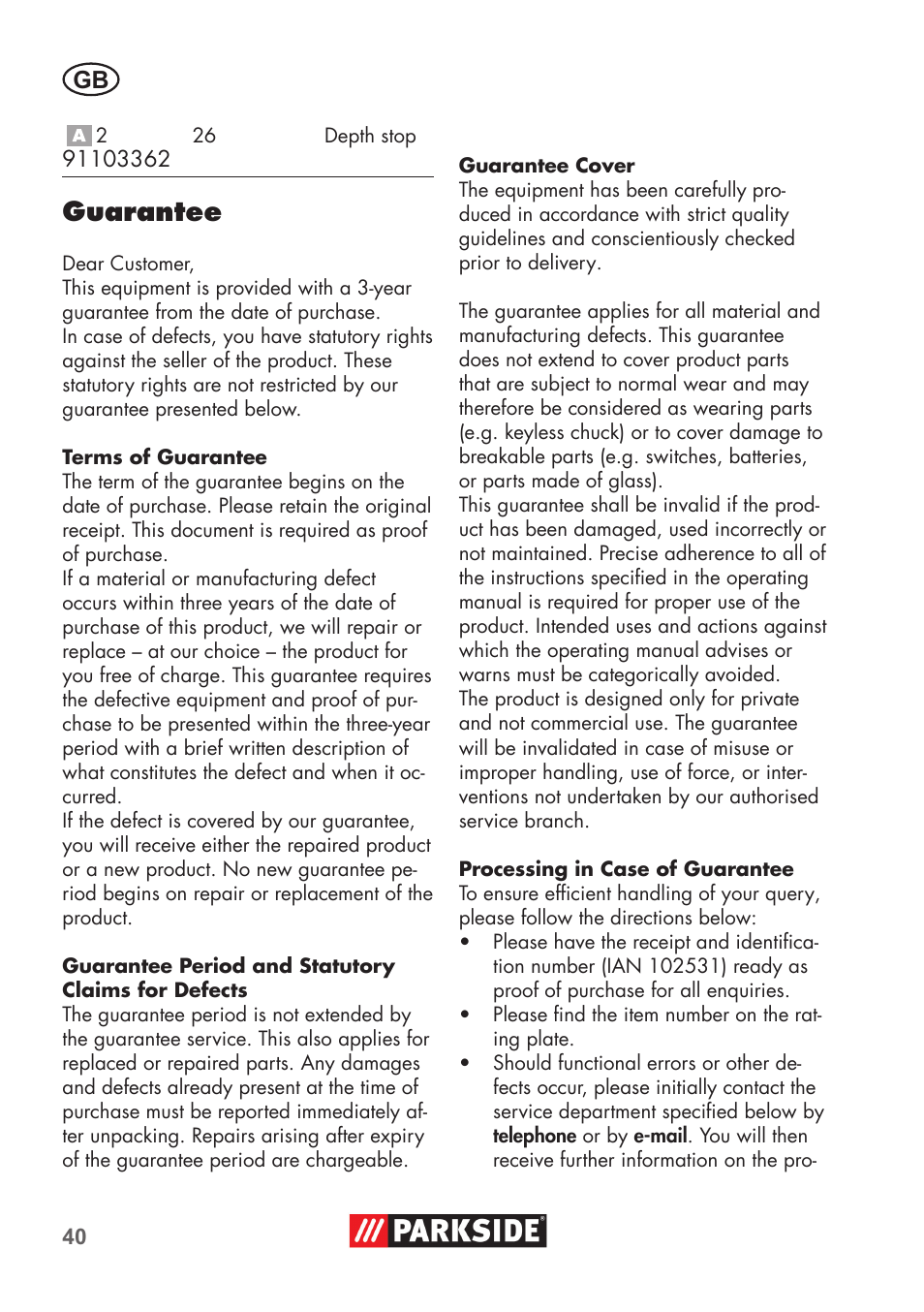 Guarantee | Parkside PSBM 500 B3 User Manual | Page 40 / 48