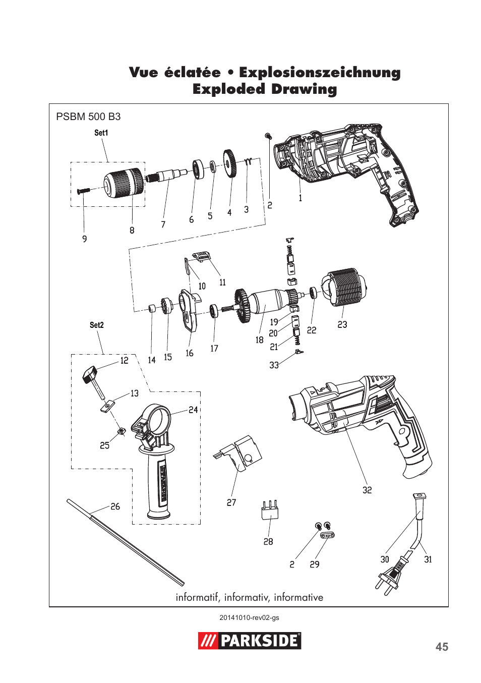 Vue éclatée • explosionszeichnung exploded drawing | Parkside PSBM 500 B3 User Manual | Page 45 / 48